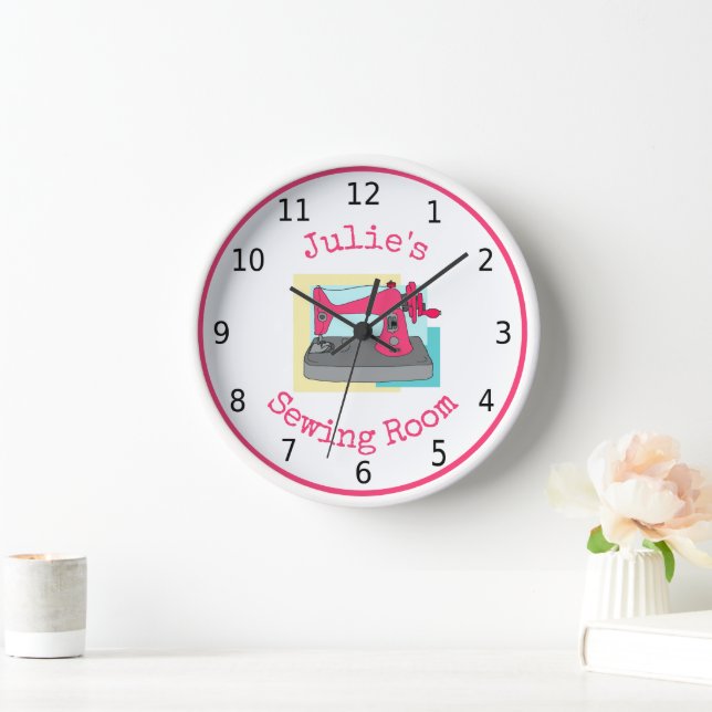 Reloj Sala de coser, máquina de cosecha rosa, personaliz (Hogar)