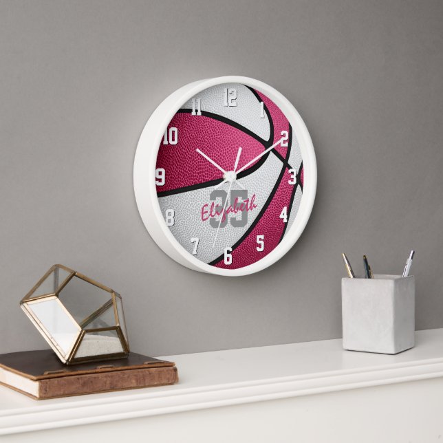 Reloj sala deportiva de chicas de baloncesto blanco rosa (Oficina)