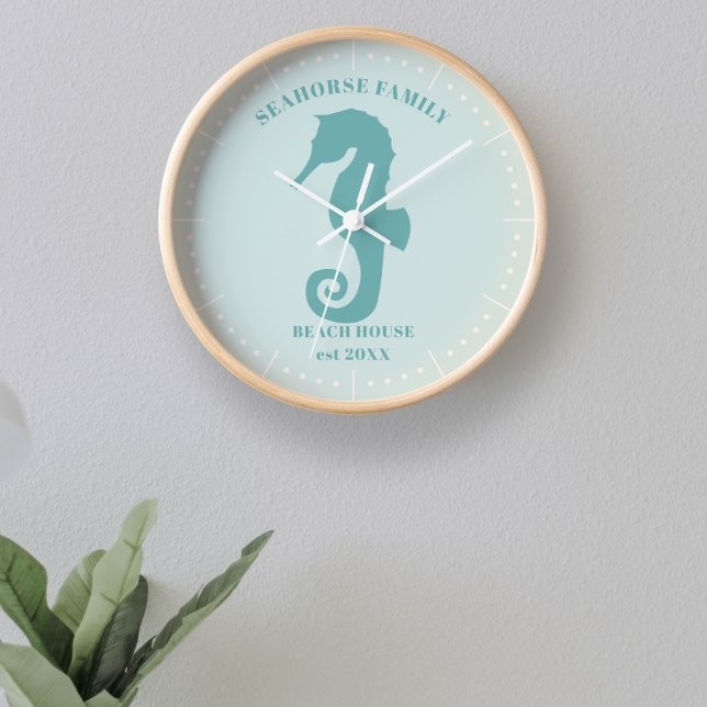Reloj Seahorse Beach House Year Est Wall Clock (A fun clock for your beach house featuring a seahorse silhouette. Just add your name and year)