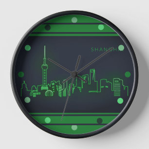 Reloj Shanghai Skyline Green Neon Look Cityscape Wall R