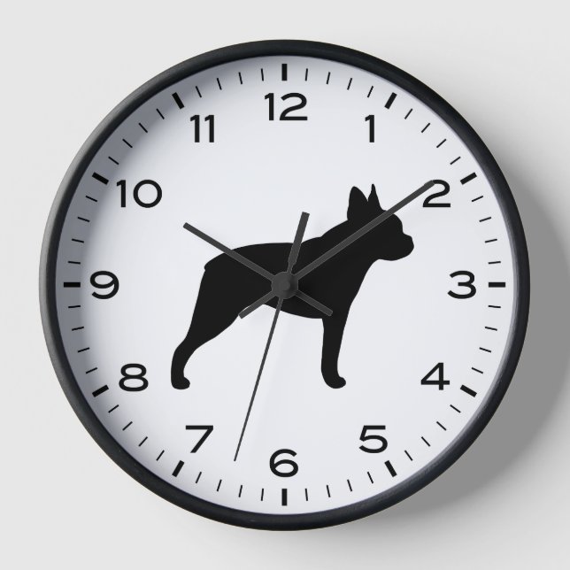 Reloj Silhouette de Boston Terrier con números y minutos (Anverso)