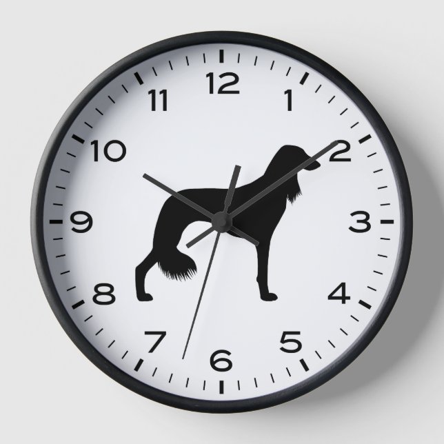 Reloj Silhouette de perro Saluki con números y minutos (Anverso)