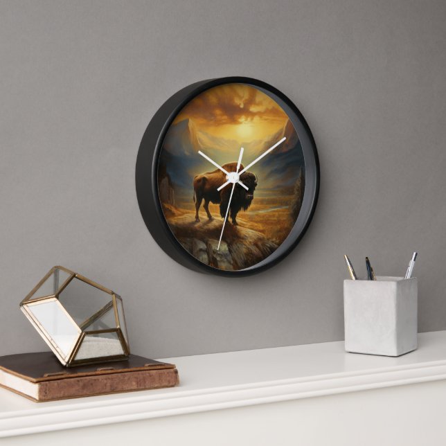Reloj Silueta de Bisonte de Búfalo en Puesta de Sol  (Oficina)