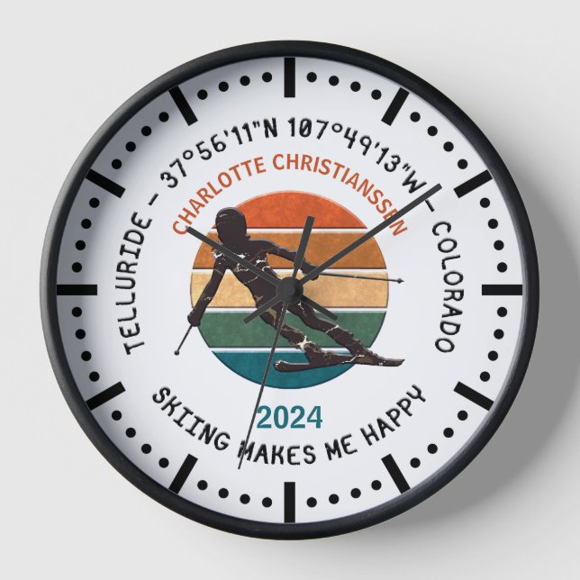 Reloj Ski Telluride, Colorado - Esquiadora, texto negro (Anverso)