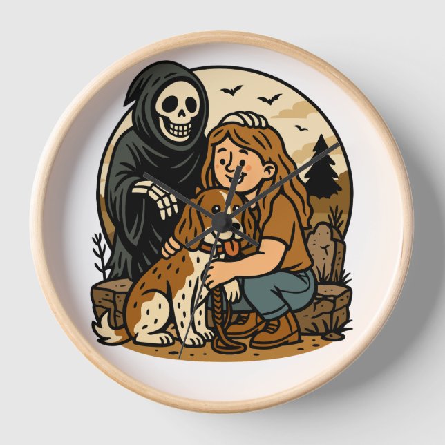 Reloj Spooky Grim Reaper with Girl and Dog Skeleton Art  (Anverso)