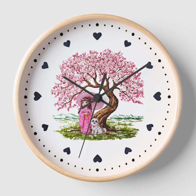 Reloj Sueños de flores: Chica de Kimono y Cachorro (Anverso)