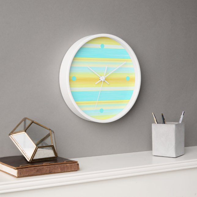 Reloj Sunny Summer Yellow Aqua Blue Watercolor Stripes (Oficina)