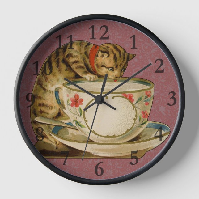 Reloj Teacup Cat Cute Vintage Victorian (Anverso)