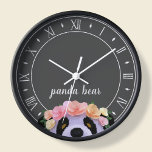 Reloj Tema de Panda Rústico Negro y Blanco<br><div class="desc">¿Todo sobre pandas con flores en el pelo? Solo agrega tu nombre.</div>