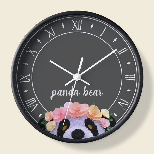 Reloj Tema de Panda Rústico Negro y Blanco (A cute panda bear clock with space for your name)
