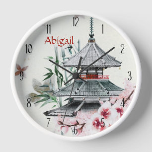 Reloj Templo personalizado, bambú, flores de cerezo en J