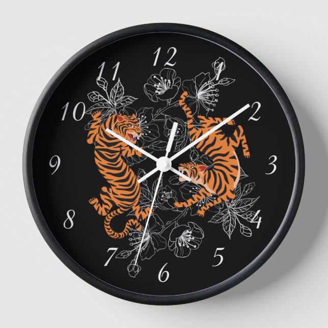Reloj Tigres estilo arte japonés fondo negro (Anverso)