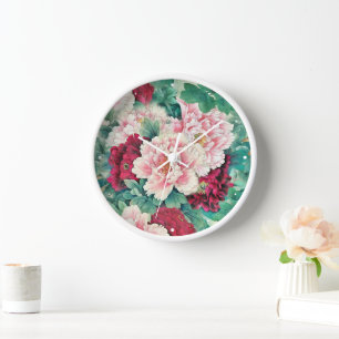 Reloj Tonos rosados y patrón de hojas verdes