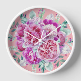 Reloj Tonos rosas y morados claros y hojas verdes