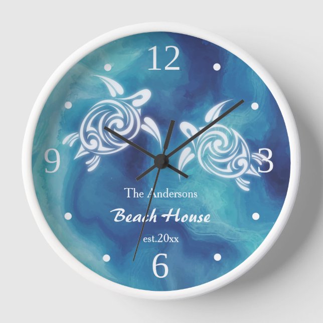 Reloj Tortugas blancas océano azul acuarela Textos de la (Anverso)