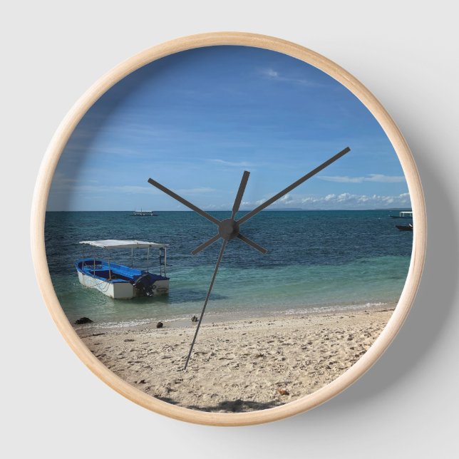 Reloj Tropical Blue Ocean Beach & Boat:Summer Wall Clock (Anverso)