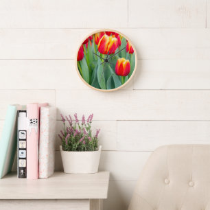 Reloj Tulipanes rojos y amarillos vibrantes en jardín de