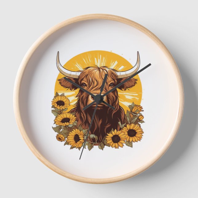 Reloj Un Ilustracion de vaca de Highland con Sunflowers  (Anverso)