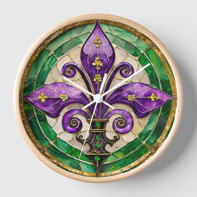 Reloj Vidriera de Mardi Gras Fleur de lis (Anverso)