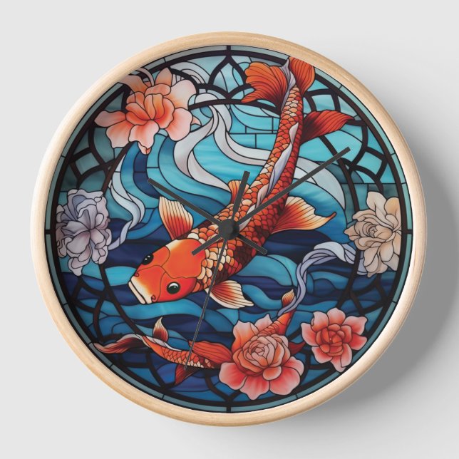 Reloj Vidrio Manchado estilo asiático Koi Fish y Camelli (Anverso)