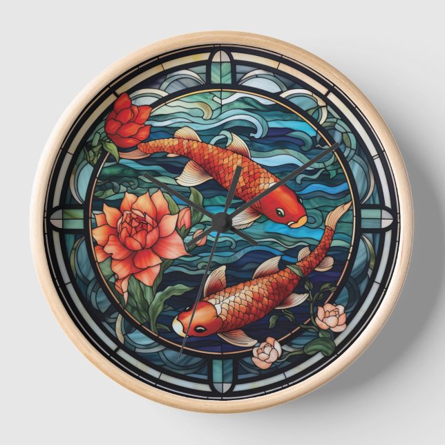 Reloj Vidrio Manchado estilo asiático Koi Fish y Camelli (Anverso)