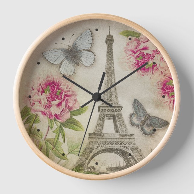 Reloj Viñetas Paris Eiffel Tower Peonies (Anverso)