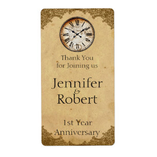 Reloj vintage en papel etiqueta de vino de 1º aniv