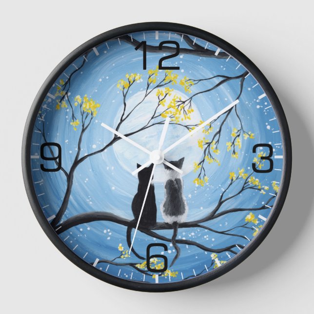 Reloj Whimsical Moon with Cats Black Clock (Anverso)