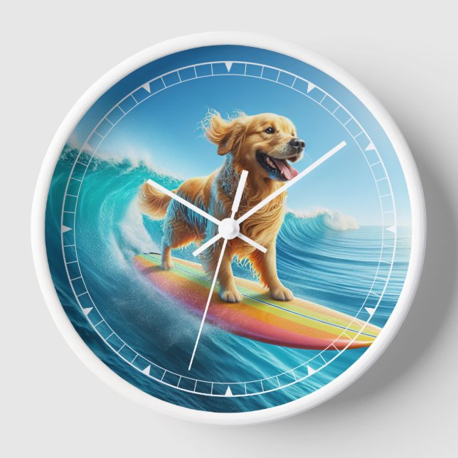 Reloj Whimsical Surfing Golden Retriever Clock (Anverso)