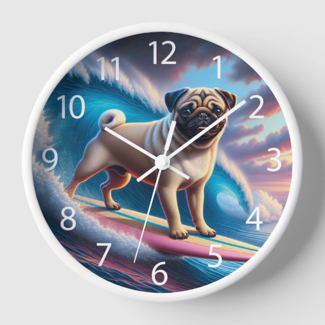 Reloj Whimsical Surfing Pug (Anverso)