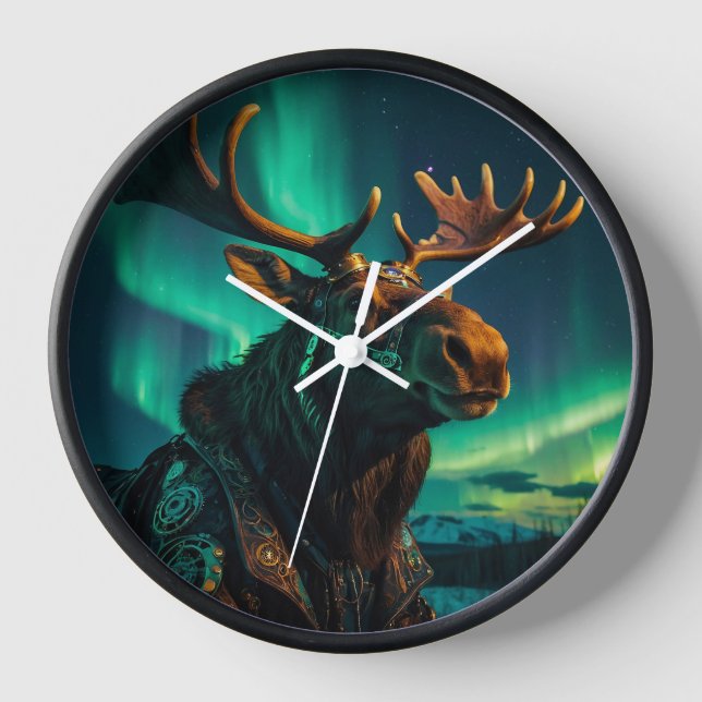 Reloj Winter Aurora & Steampunk Moose Wildlife Art (Anverso)