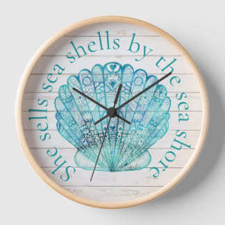 Reloj Wood Look Aqua Sea Shell Clock