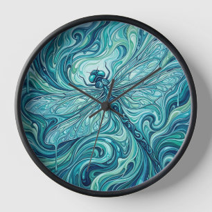 Relojes de arte de libélula abstracta azul océano