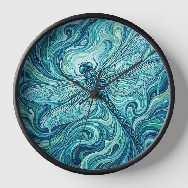 Relojes de arte de libélula abstracta azul océano (Anverso)