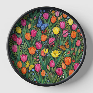 Relojes de arte de tulipanes mariposas en gouache