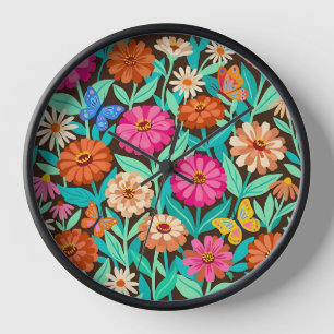 Relojes de Arte de Zinnias Mariposas Jardín Abstra