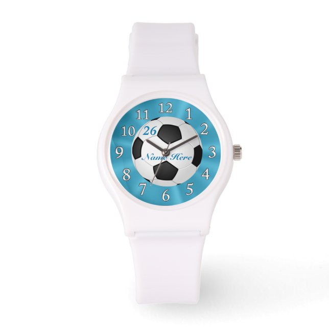 Relojes de fútbol turquesa con NOMBRE y NÚMERO (Anverso)