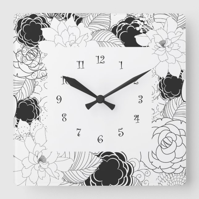 Relojes de pared de cocina floral - Blanco negro (Anverso)