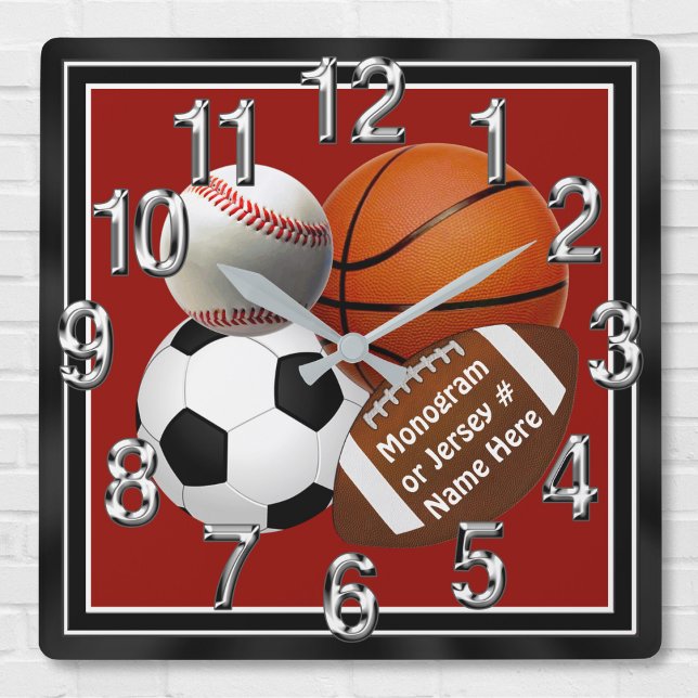 Relojes de pared PERSONALIZADOS de los deportes su (Sports bedroom decor. Sports wall clock with your Monogram, Jersey Number, Name or Your Text. Sports)