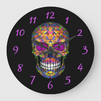 Relojes de pared púrpuras del zombi del cráneo del