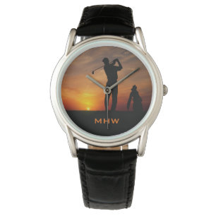 Relojes monogramo de personalizado Golfer Sunset