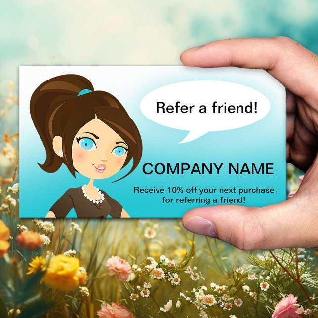 Remisión Contar una tarjeta de visita de un amigo (Referral or tell-a-friend business card with a cartoon lady recommending your business)