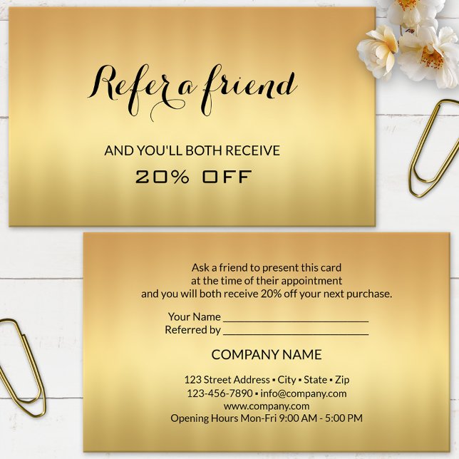 Remisión De Oro Contar A Un Amigo Tarjeta De Negoc (Elegant referral business card featuring a minimalist gold printed design.)