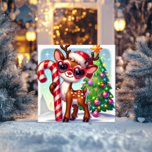 Reno con bastón de caramelo y árbol de Navidad