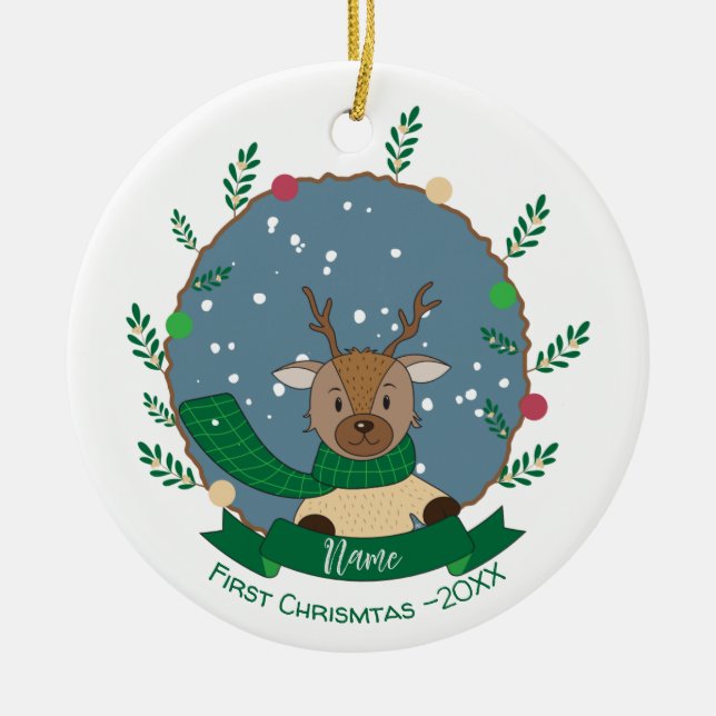 Reno con bufanda verde 1er adorno navideño (Frente)