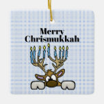 Reno Con Menorah Antlers Ornamento De Chrismukkah<br><div class="desc">Este ornamento muestra a mi reno judío cuyos renos son menorah. El texto de este ornamento es el personalizable que se adapta a usted o a su destinatario. Diseñado por Sheila Cicchi,  Brownielocks.com. Todos Los Derechos Reservados. NOTA: Debido al estilo de diseño,  sólo se puede comprar en ornamentos SQUARE.</div>