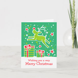 Reno prancing sobre tarjeta de Navidad verde de