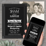Reserva La Fecha 1 Aniversario de la foto Sorpresa Fiesta blanco y<br><div class="desc">¿Puedes guardar un secreto? Invite a la familia y amigos a un elegante y emocionante fiesta de aniversario con fotos personalizados en blanco y negro para salvar las invitaciones de fecha. La imagen y todas las palabras de esta plantilla son fáciles de personalizar, incluyendo el mensaje que dice "¡Shhh! Es...</div>