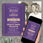 Reserva La Fecha 1 foto aniversario sorpresa Fiesta morado y oro<br><div class="desc">¿Puedes guardar un secreto? Invite a la familia y amigos a un elegante y emocionante fiesta de aniversario con personalizado foto morada y oro, salven las invitaciones de fecha. La imagen y todas las palabras de esta plantilla son fáciles de personalizar, incluyendo el mensaje que dice "¡Shhh! Es una SORPRESA"....</div>