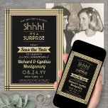 Reserva La Fecha 1 foto aniversario sorpresa Fiesta negro y oro<br><div class="desc">¿Puedes guardar un secreto? Invite a la familia y amigos a un elegante y emocionante fiesta de aniversario con fotos personalizados en negro y oro, salven las invitaciones de fecha. La imagen y todas las palabras de esta plantilla son fáciles de personalizar, incluyendo el mensaje que dice "¡Shhh! Es una...</div>